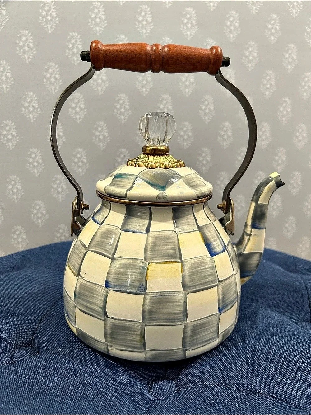 Mackenzie-Childs Sterling Check Enamel Tea Kettle White & Gray